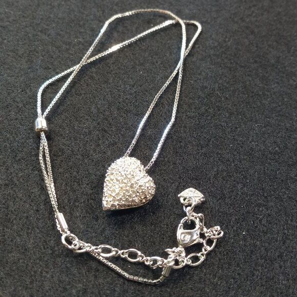 Swarovski Puffed Heart Pendant with Crystals & Lariat device on box chain Swans - Picture 9 of 9